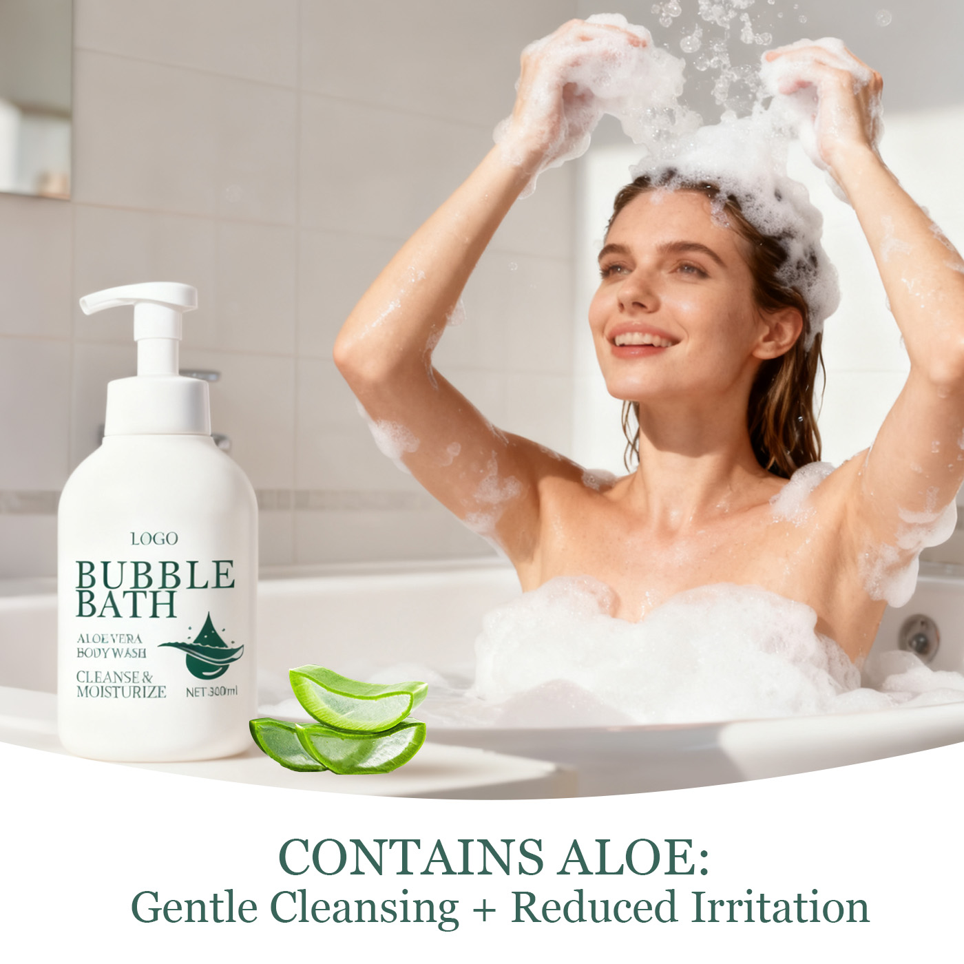 OEM Aloe Vera Bubble Bath & Body Wash – 2-in-1 Soothing Shower Gel & Foaming Bath Soak for Sensitive Dry Skin | Private Label Aloe Cleanser for Brands